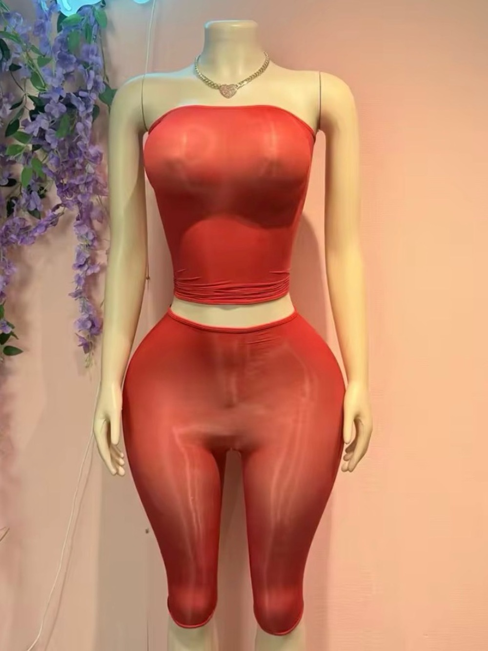 Women's Red Strapless Crop Top & High-Waist Biker Shorts Set
